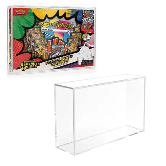 A clear acrylic display box shown in front of its retail packaging on a white background. The box is transparent and rectangular, while the packaging features colorful card art and text for a Pokémon TCG product.