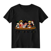 Anime crossover Friends t-shirt featuring Luffy Goku Naruto Tanjiro Deku eating ramen