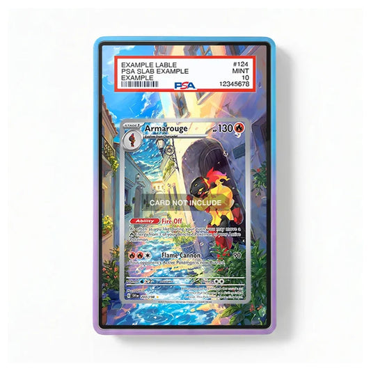 Front view of the Armarouge 203/198 IR AR Scarlet & Violet Base Set Extended Art Display Case featuring immersive artwork surrounding the displayed Pokémon card.
