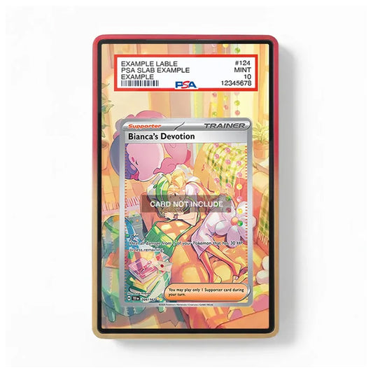 Front view of the Bianca's Devotion 209/162 Extended Art Display Case featuring detailed Trainer-themed artwork surrounding the displayed Pokémon card.