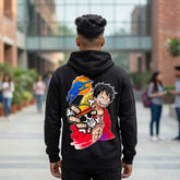 Black Luffy Gear 2 gum gum Red Hawk Hoodie with front chest logo and back graphic