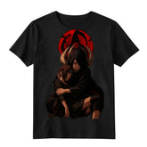 Black Obito Uchiha anime t-shirt with red moon and Sharingan inspired artwork