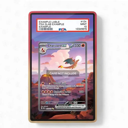 A PSA graded display card showing a Chanizard card example, with a red border and a printed label at the top reading PSA and example details, photographed against a plain white background.