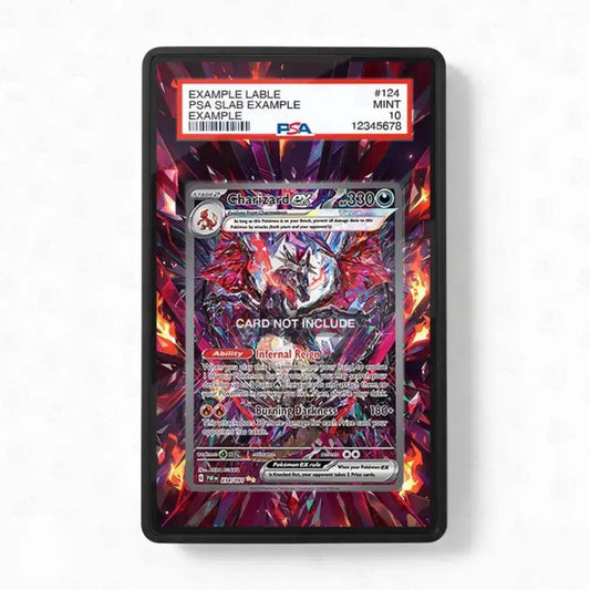 A PSA graded sample trading card cable on a white background. The cable features a red and black PSA slab label at the top and a card inside with a fiery red, purple, and black graphic background.