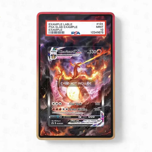 A PSA graded slab containing a Pokémon trading card, photographed on a plain white background. The slab has a red border and a white header card with PSA branding and grading details.