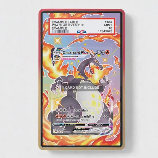 A PSA-certified collectible card featuring Charizard, shown in a protective display sleeve with a red border. The card is graded PSA 10 Mint by the PSA logo, and there is a prominent 'CARD NOT INCLUDE' watermark across the center.