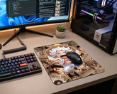 Chibi Gear 5 Monkey D. Luffy anime mouse pad with wanted poster collage artwork on modern RGB gaming desk