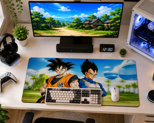 A large desk mat featuring Dragon Ball Z characters Goku and Vegeta, styled on a white desk with a keyboard, mouse, monitor, and gaming accessories.