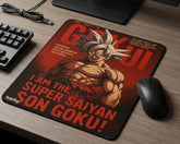 Dragon Ball inspired Son Goku mouse pad with muscular anime artwork and large red typography beside gaming mouse