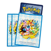 Official Pokémon Center 2024 card sleeves featuring Eevee surrounded by all eight Eeveelutions in a colorful, celestial-themed artwork by TCGVault.