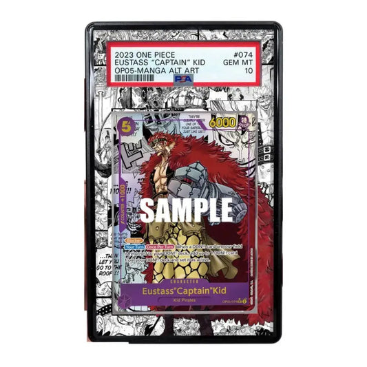 A PSA graded One Piece trading card featuring Eustass 'Captain' Kid from OPO5-Manga Alt Art, shown inside a black protective plastic holder with a red and white PSA label at the top.