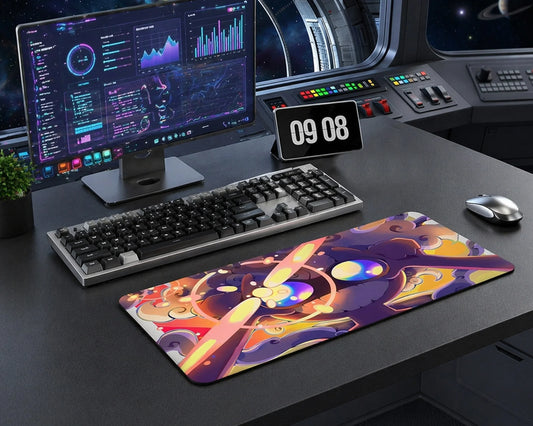 Gear 5 Luffy anime mouse pad with colorful imagination design on modern gaming desk setup