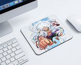 Gear 5 Luffy anime mouse pad with white cloud aura artwork placed on a clean white desktop gaming setup