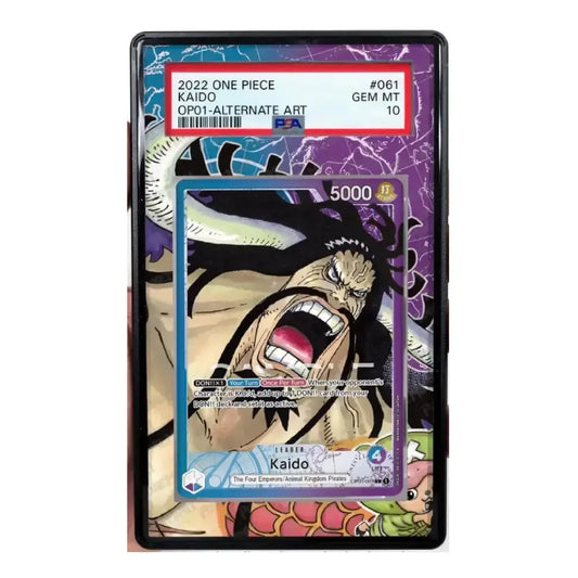 Trading card featuring Kaido from One Piece in a display case with text and numbering.