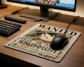 Large One Piece Monkey D. Luffy wanted poster desk mat with gaming mouse and mechanical keyboard on wooden desk