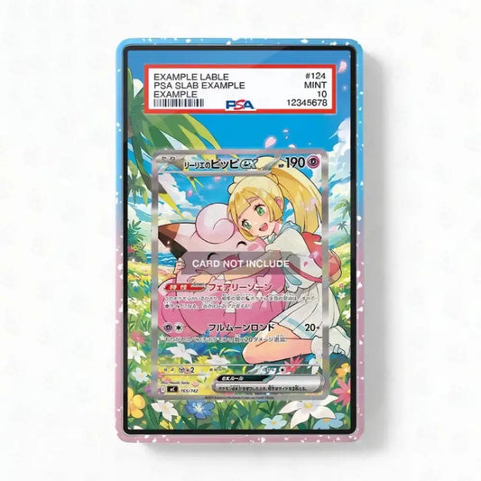 A PSA graded sample trading card slab showing an illustrated card with a colorful floral border and a red PSA label at the top, photographed against a plain light background.