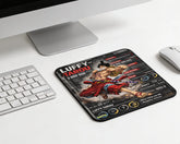 Stylish One Piece Luffy-Tarou anime mouse pad featuring samurai artwork on minimalist computer desk setup