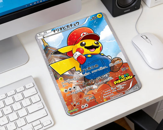 Mario Pikachu Pokémon card style mouse pad placed on modern white desk with wireless mouse and keyboard setup