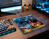 Mega Charizard X EX Pokémon mouse pad on RGB gaming desk setup with mechanical keyboard, gaming mouse, and blue-lit PC