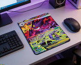 Mega Gengar EX Pokémon card style mouse pad with vibrant purple neon artwork on modern gaming desk setup