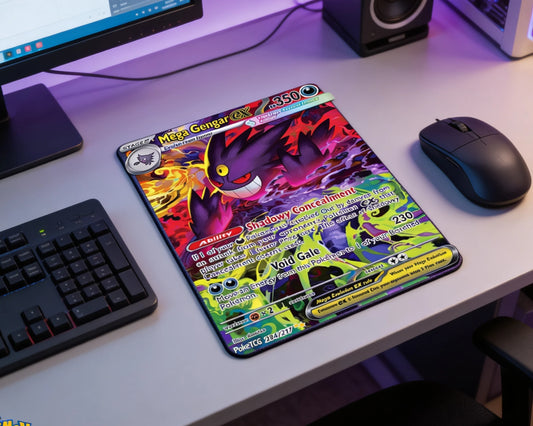 Mega Gengar EX Pokémon card style mouse pad with vibrant purple neon artwork on modern gaming desk setup
