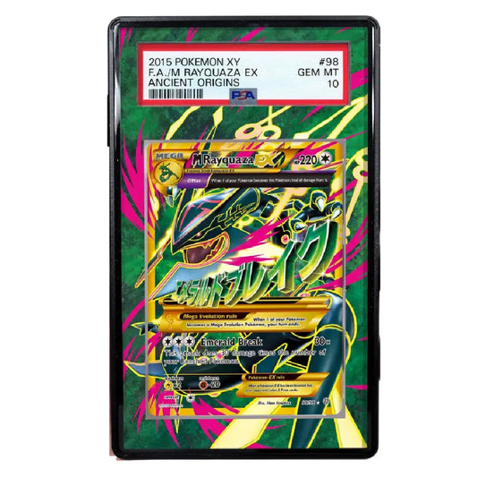 A PSA graded 2015 Pokémon XY Ancient Origins Rayquaza EX trading card, encapsulated in a protective plastic holder. The card is graded PSA 10 Gem MT #98.
