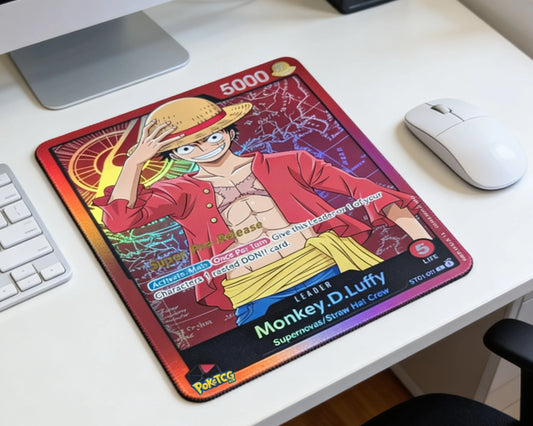 Monkey D. Luffy anime trading card style mouse pad with red background artwork on modern white computer desk