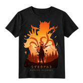 Naruto Uzumaki Six Paths Sage Mode anime t-shirt with Kurama silhouette and orange sunset design