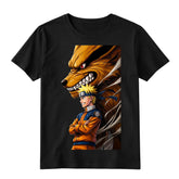 Anime t-shirt with Naruto and Nine Tails Kurama illustration on black shirt