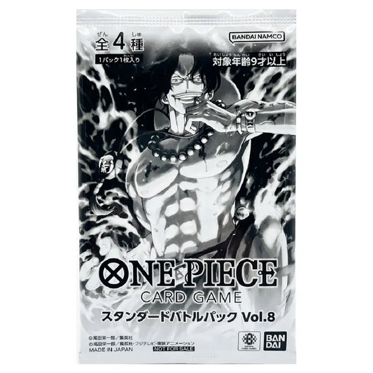 One Piece Card Game Vol.8 Standard Battle Pack trading card pack featuring a black and white manga illustration of a muscular character on the front, with Bandai Namco branding.