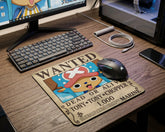 One Piece Tony Tony Chopper wanted poster mouse pad beside RGB gaming mouse and compact mechanical keyboard
