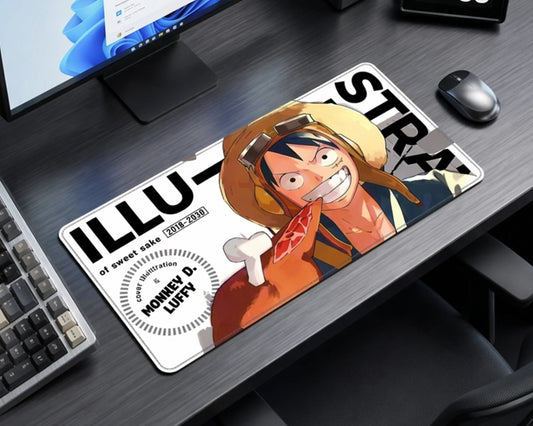 One Piece Luffy desk mat with meat food theme design in minimalist gaming setup