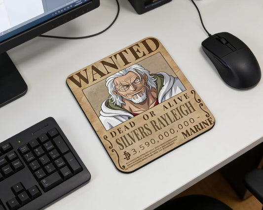 One Piece Silvers Rayleigh wanted poster mouse pad placed on clean white computer desk beside wired mouse