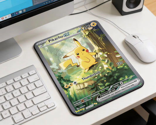 Cute Pikachu EX anime mouse pad featuring forest artwork placed on modern white desktop setup with keyboard and mouse