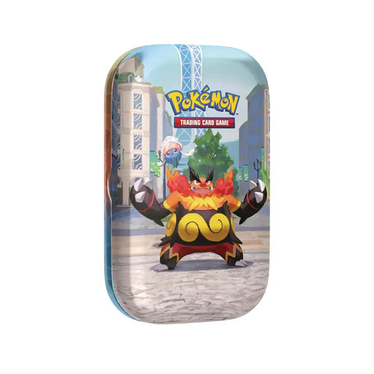 A Pokémon Trading Card Game card tin featuring a colorful illustration of a fire-type character on the front, set against a plain white background.