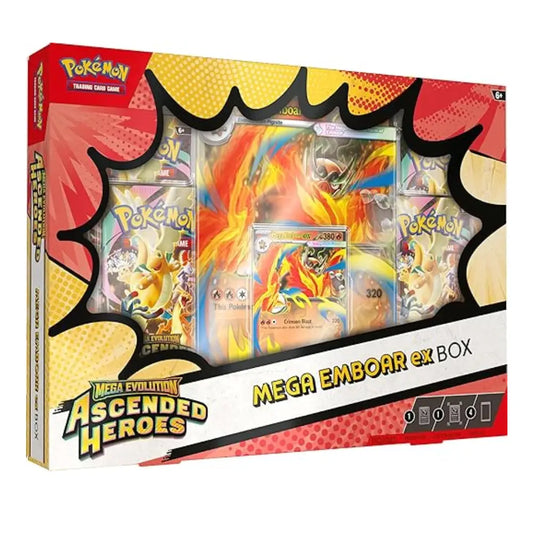 Pokémon trading card game box featuring Mega Evolution Ascended Heroes with a prominent display of cards.