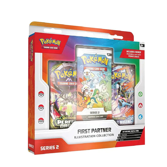 Pokémon Trading Card Game First Partner Illustration Collection Series 2 box set containing three booster packs, shown on a white background with a text banner at the top stating orders will ship by the 1st week of August.