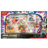 Pokémon Mega Lucario EX Figure Collection packaging with cards and figures on a white background