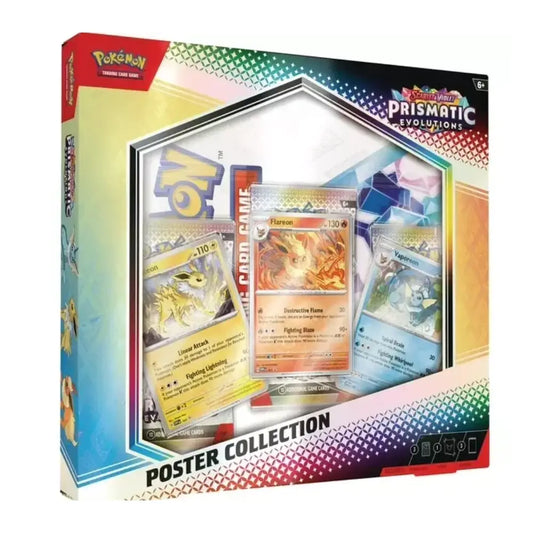 Pokémon TCG Poster Collection gift set from Prismatic Evolutions, featuring a colorful box with three sample holographic trading cards displayed in a clear window.