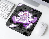 One Piece Gear 5 Luffy neon purple gaming mouse pad with manga panel background on modern white workspace