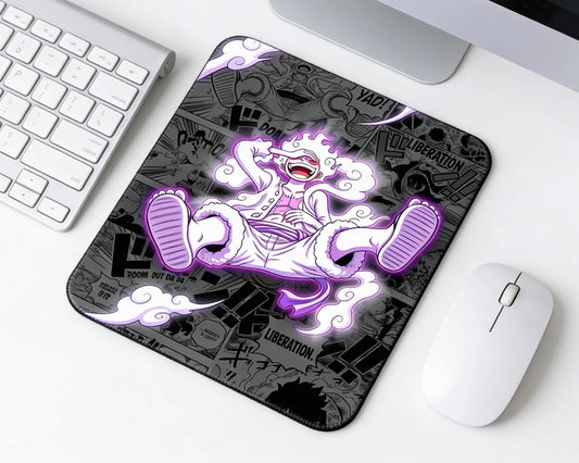 One Piece Gear 5 Luffy neon purple gaming mouse pad with manga panel background on modern white workspace