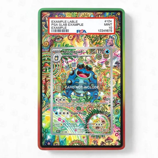 A PSA graded slab containing a colorful psychedelic trading card, shown against a plain white background. The slab has a green outer border and a red inner border, with a PSA label at the top.
