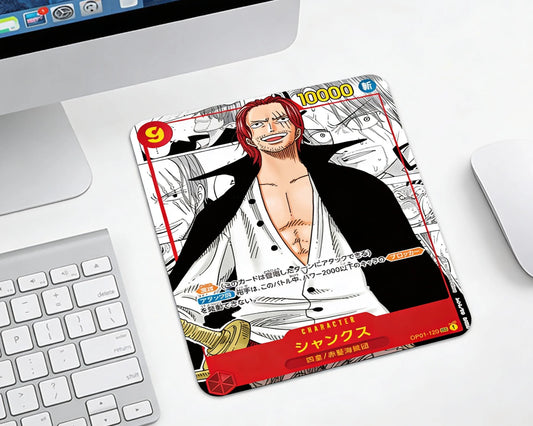 One Piece Shanks trading card style mouse pad on clean white desktop setup with Apple keyboard and mouse