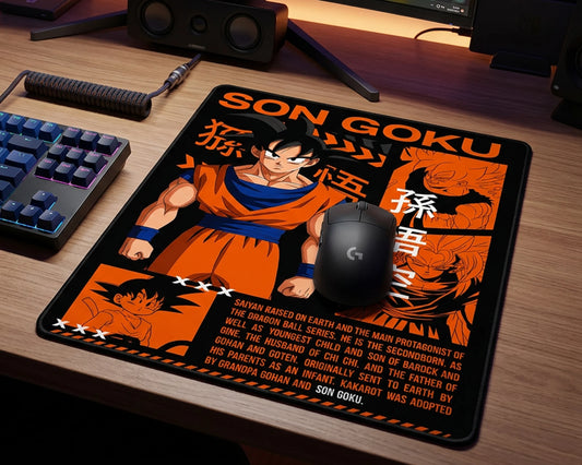 Son Goku Dragon Ball anime mouse pad with bold orange and black artwork on RGB gaming desk setup