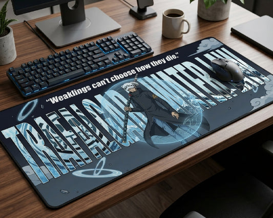 Trafalgar Law One Piece anime desk mat with motivational quote and icy blue artwork displayed on a premium gaming desk setup with RGB keyboard and wireless mouse