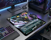 Dark type Umbreon themed gaming mouse pad with glowing purple effects beside RGB gaming keyboard and mouse