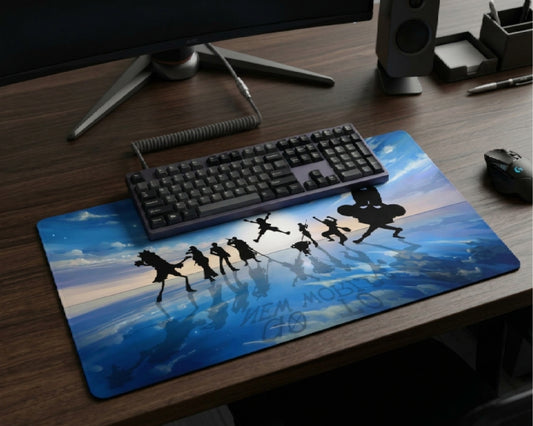Close-up anime gaming desk setup with purple RGB mechanical keyboard, large illustrated desk mat, curved monitor, and coffee mug