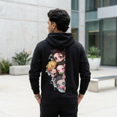 Front view of a premium black Demon Slayer hoodie with high-definition chibi character prints, minimalist streetwear for anime fans.