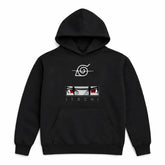black Itachi anime hoodie with sharingan eyes graphic and minimalist design