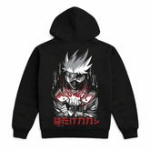 black Kakashi hoodie with large anime back print featuring lightning chakra and Japanese text